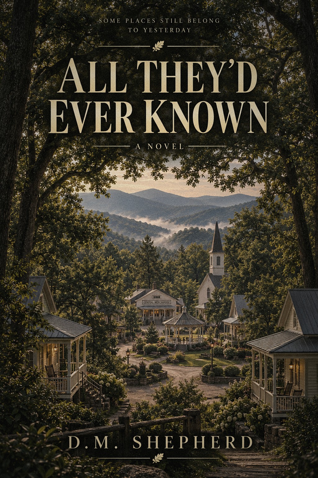 Book cover for All They'd Ever Known by D.M. Shepherd, showing a hidden mountain village at dusk framed by trees, with a church steeple and misty ridgelines in the background.